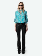 Tuile Silk Blouse - Long-sleeved blue silk blouse with ZV chain motifs and V-neck with removable necktie.