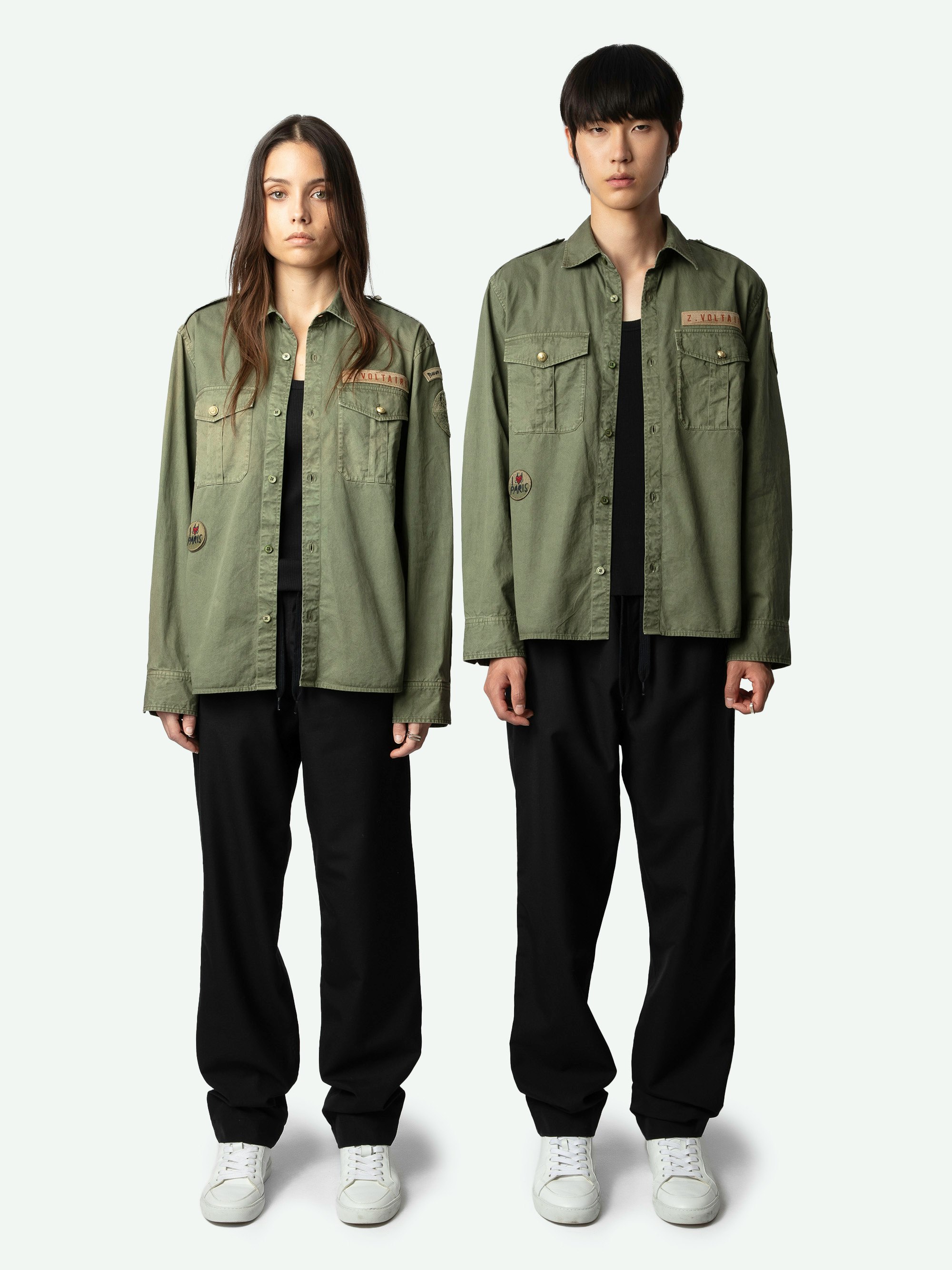 Taskal Shirt - Khaki cotton twill combat shirt with pockets, embroidered patches and customised details designed by Humberto Cruz.