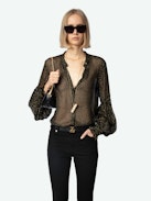 Tandy Blouse - Sheer black shirt with round neckline, button fastening, long ruffled sleeves and sequin embellishment.