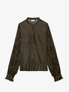 Tandy Blouse - Sheer black shirt with round neckline, button fastening, long ruffled sleeves and sequin embellishment.