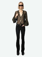 Tandy Blouse - Sheer black shirt with round neckline, button fastening, long ruffled sleeves and sequin embellishment.