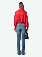 Trenta Satin Blouse - Long-sleeved satin blouse with buttoned V-neck and gathered shoulders.