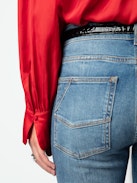 Trenta Satin Blouse - Long-sleeved satin blouse with buttoned V-neck and gathered shoulders.