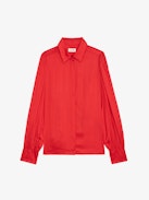 Trenta Satin Blouse - Long-sleeved satin blouse with buttoned V-neck and gathered shoulders.