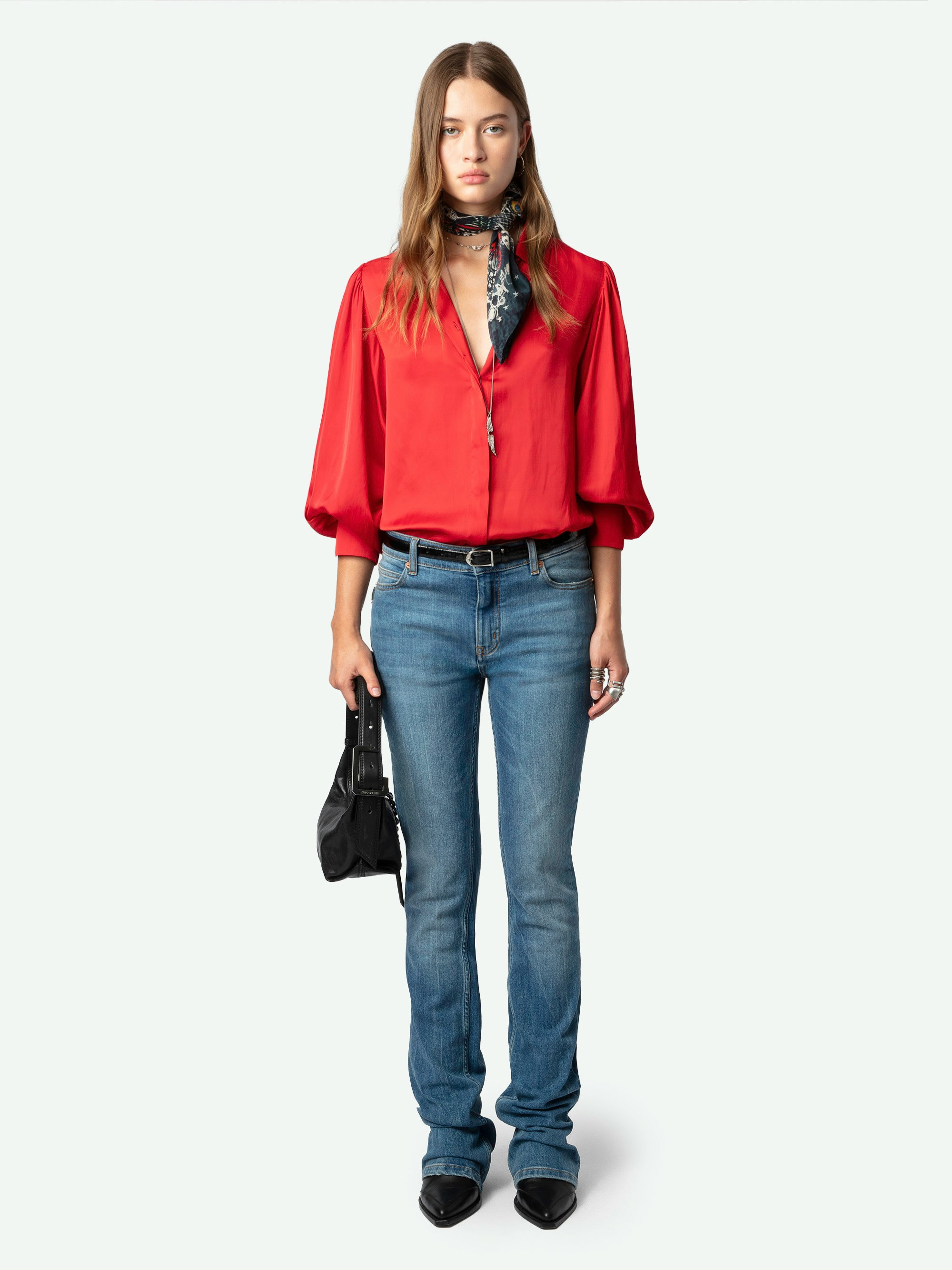 Trenta Satin Blouse - Long-sleeved satin blouse with buttoned V-neck and gathered shoulders.