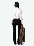 Trenta Satin Blouse - Long-sleeved white satin blouse with buttoned V-neck and gathered shoulders.