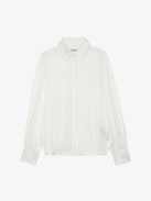 Trenta Satin Blouse - Long-sleeved white satin blouse with buttoned V-neck and gathered shoulders.