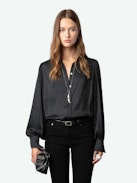 Trenta Satin Blouse - Long-sleeved black satin blouse with buttoned V-neck and gathered shoulders.