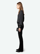 Trenta Satin Blouse - Long-sleeved black satin blouse with buttoned V-neck and gathered shoulders.