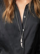 Trenta Satin Blouse - Long-sleeved black satin blouse with buttoned V-neck and gathered shoulders.