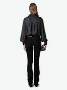 Trenta Satin Blouse - Long-sleeved black satin blouse with buttoned V-neck and gathered shoulders.