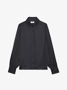 Trenta Satin Blouse - Long-sleeved black satin blouse with buttoned V-neck and gathered shoulders.