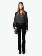 Trenta Satin Blouse - Long-sleeved black satin blouse with buttoned V-neck and gathered shoulders.
