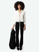 Camicia Topzyl Strass Seta - Camicia corta stile lingerie in seta écru con fasce in pizzo decorate da strass e laccetti da annodare.