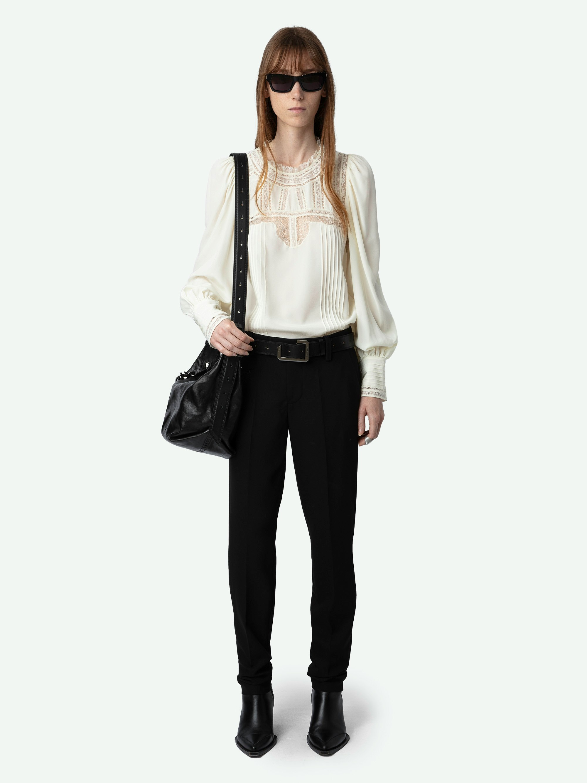 Thena 100% Silk Blouse - Lingerie-style silk blouse with lace inlay.