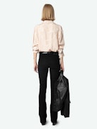Morning Silk Shirt - Powder pink silk button down shirt with jacquard chains, button fastening, and pocket embellished with lace.