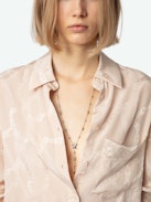 Morning Silk Shirt - Powder pink silk button down shirt with jacquard chains, button fastening, and pocket embellished with lace.