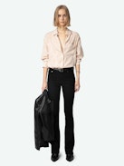Morning Silk Shirt - Powder pink silk button down shirt with jacquard chains, button fastening, and pocket embellished with lace.
