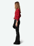 Tink Blouse - Long-sleeved red blouse with Wild Voltaire print, open collar and gathered details.