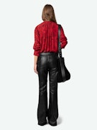 Tink Blouse - Long-sleeved red blouse with Wild Voltaire print, open collar and gathered details.