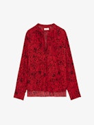 Tink Blouse - Long-sleeved red blouse with Wild Voltaire print, open collar and gathered details.