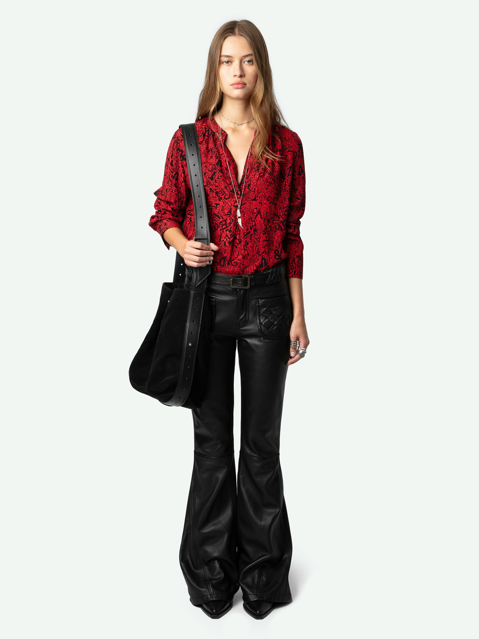 Tink Blouse - Long-sleeved red blouse with Wild Voltaire print, open collar and gathered details.