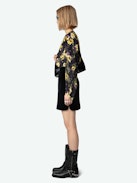 Turin Shirt - Black floral crepe blouse with diamanté, Yoko floral print, button fastening, and long sleeves.