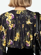 Turin Shirt - Black floral crepe blouse with diamanté, Yoko floral print, button fastening, and long sleeves.