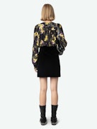 Turin Shirt - Black floral crepe blouse with diamanté, Yoko floral print, button fastening, and long sleeves.