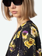 Turin Shirt - Black floral crepe blouse with diamanté, Yoko floral print, button fastening, and long sleeves.