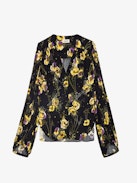 Turin Shirt - Black floral crepe blouse with diamanté, Yoko floral print, button fastening, and long sleeves.