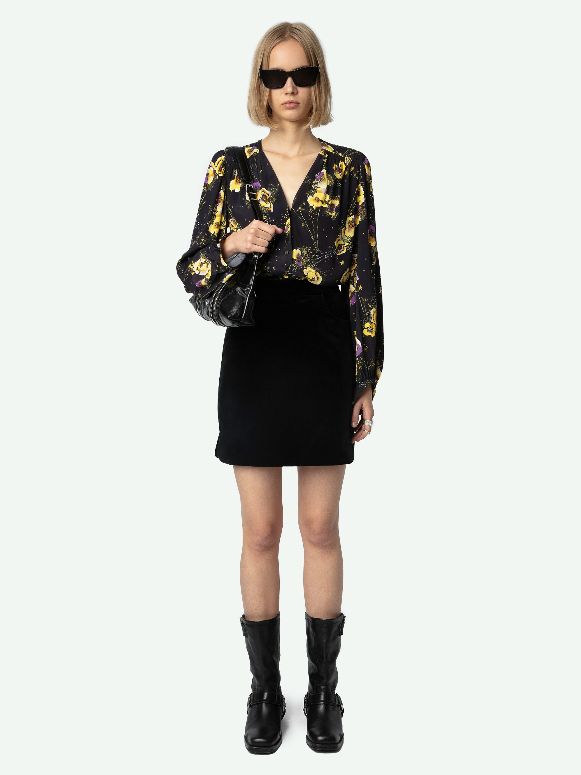 Turin Shirt - Black floral crepe blouse with diamanté, Yoko floral print, button fastening, and long sleeves.