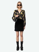 Turin Shirt - Black floral crepe blouse with diamanté, Yoko floral print, button fastening, and long sleeves.