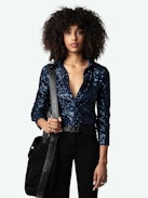 Tawny Sequin Shirt - Long-sleeved blue sequined shirt with button fastening.
