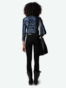 Tawny Sequin Shirt - Long-sleeved blue sequined shirt with button fastening.