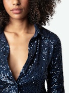 Tawny Sequin Shirt - Long-sleeved blue sequined shirt with button fastening.