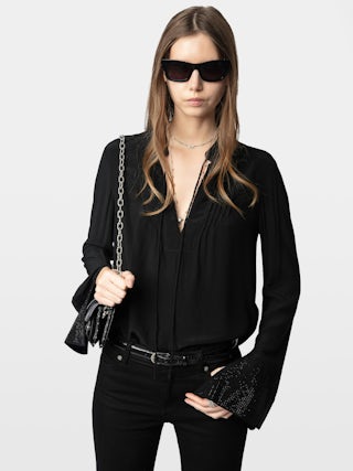 Taika Blouse - Viscose blouse with rhinestone patterns on cuff, long sleeves.