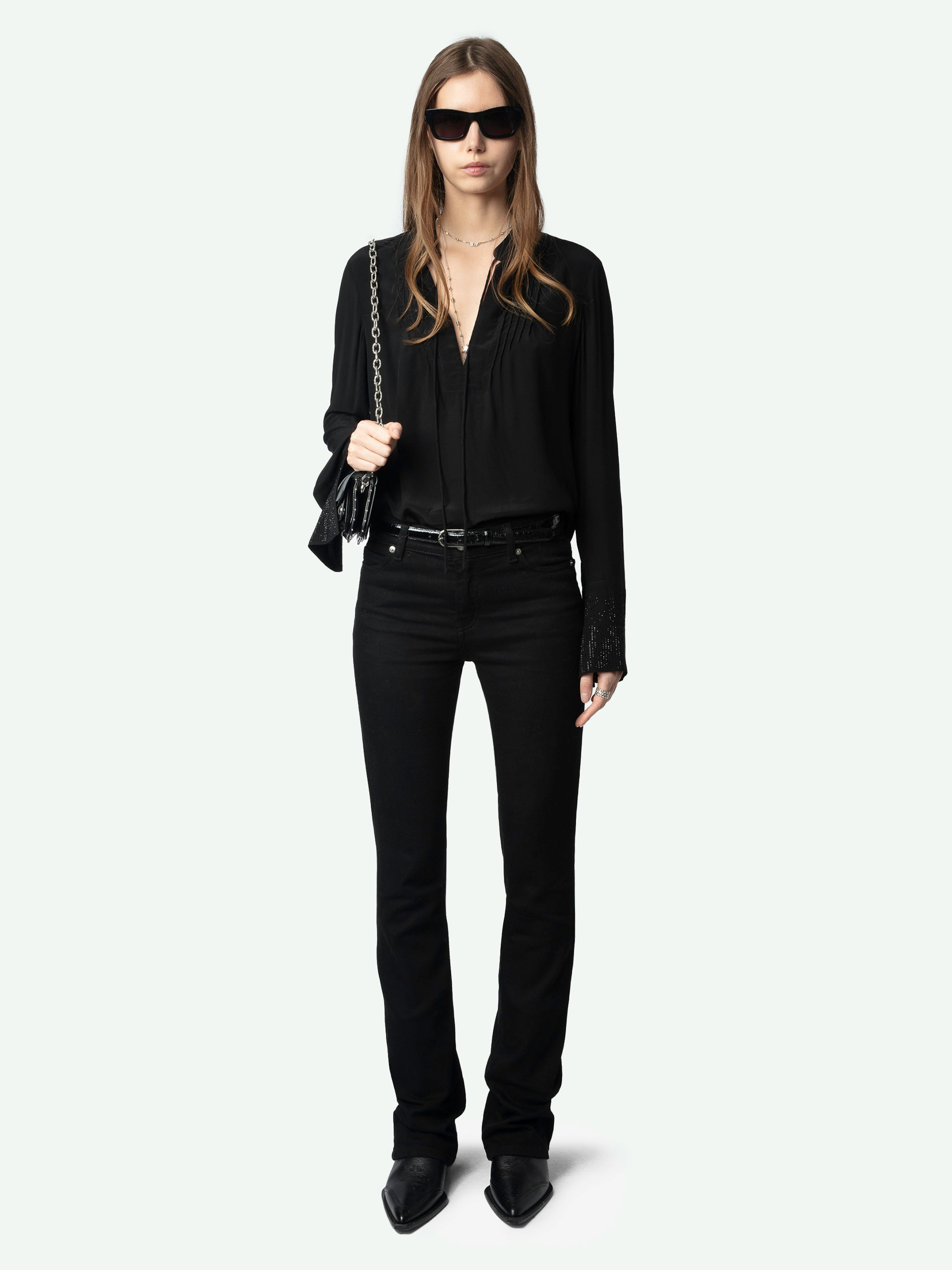 Taika Blouse - Viscose blouse with rhinestone patterns on cuff, long sleeves.