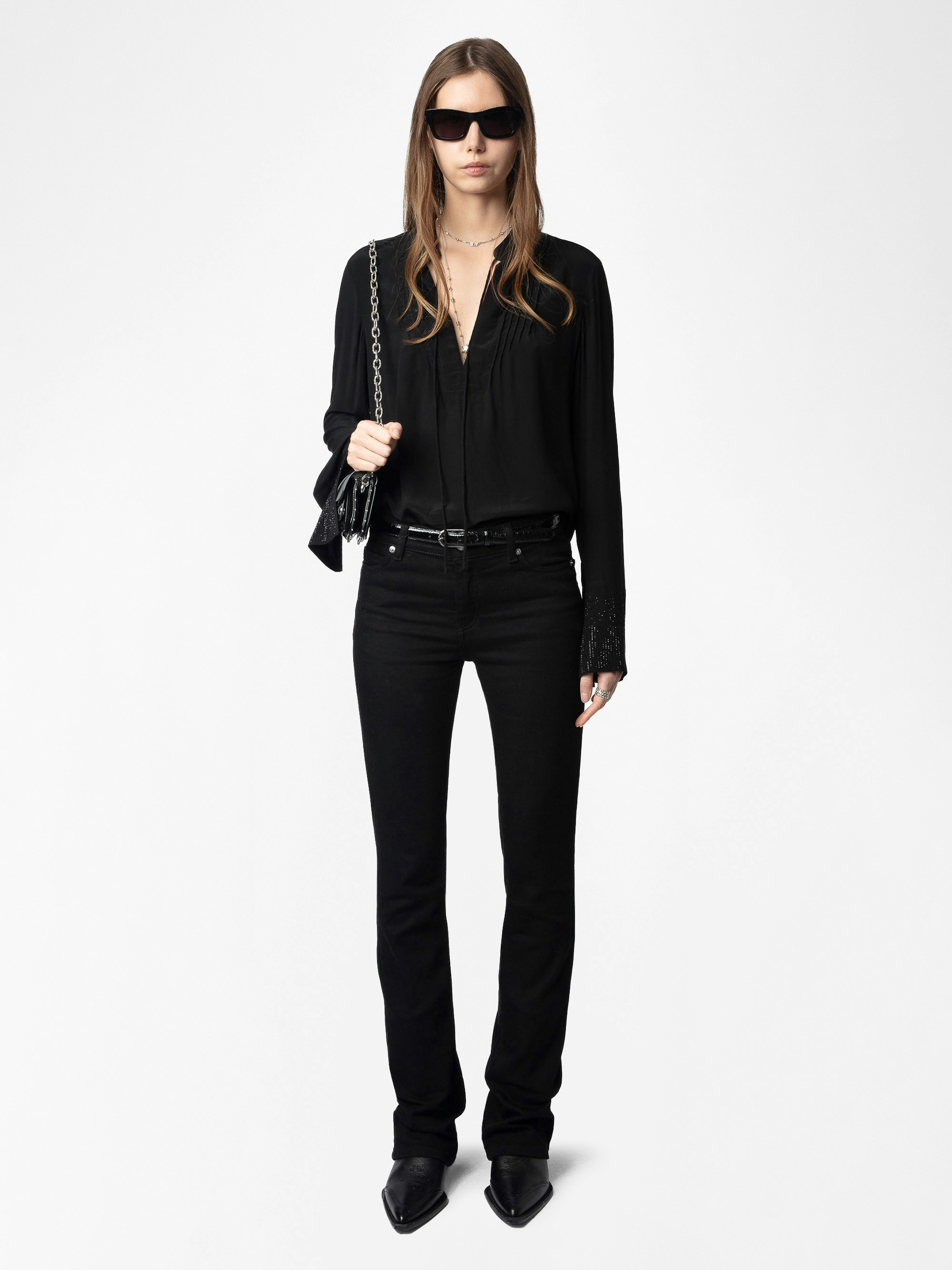 Taika Blouse - Viscose blouse with rhinestone patterns on cuff, long sleeves.