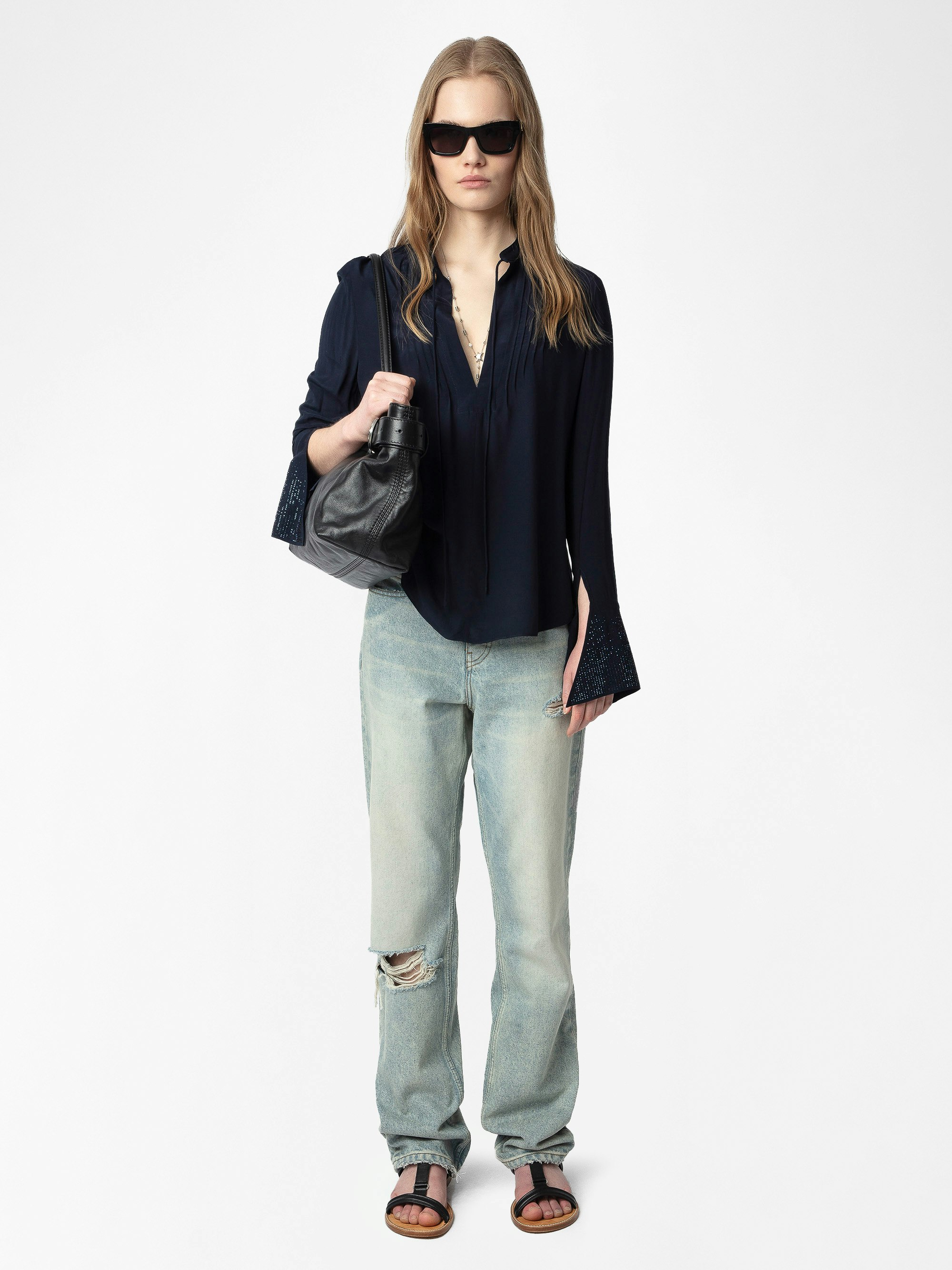 Taika Blouse - Viscose blouse with rhinestone patterns on cuff, long sleeves.