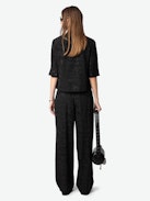 Telmos Silk Shirt - Short-sleeve jacquard women's black silk shirt.