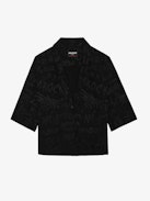 Telmos Silk Shirt - Short-sleeve jacquard women's black silk shirt.