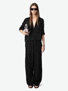 Telmos Silk Shirt - Short-sleeve jacquard women's black silk shirt.