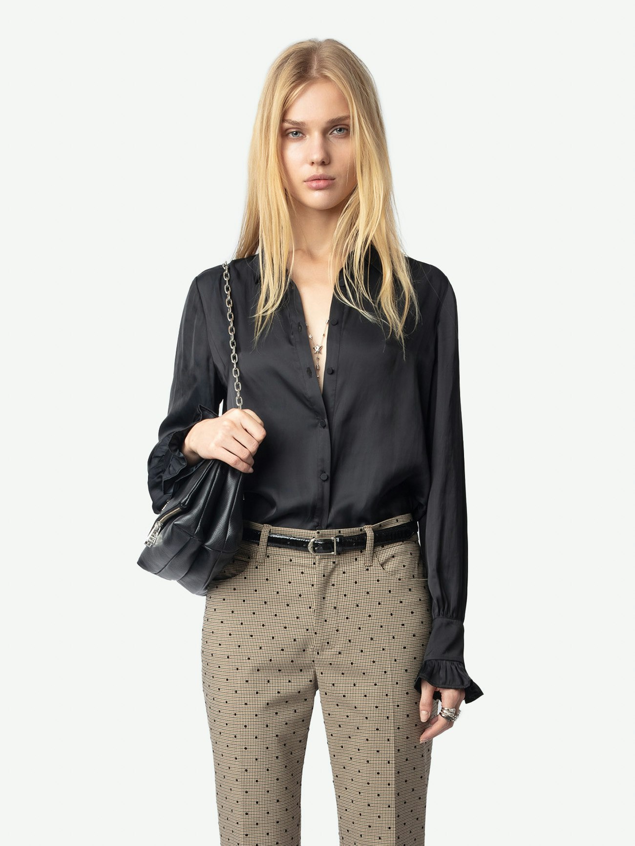 Thely Satin Shirt - Satin shirt with long sleeves, button fastening, and a wing-shaped rhinestone detail on the back.