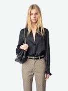 Thely Satin Shirt - Satin shirt with long sleeves, button fastening, and a wing-shaped rhinestone detail on the back.