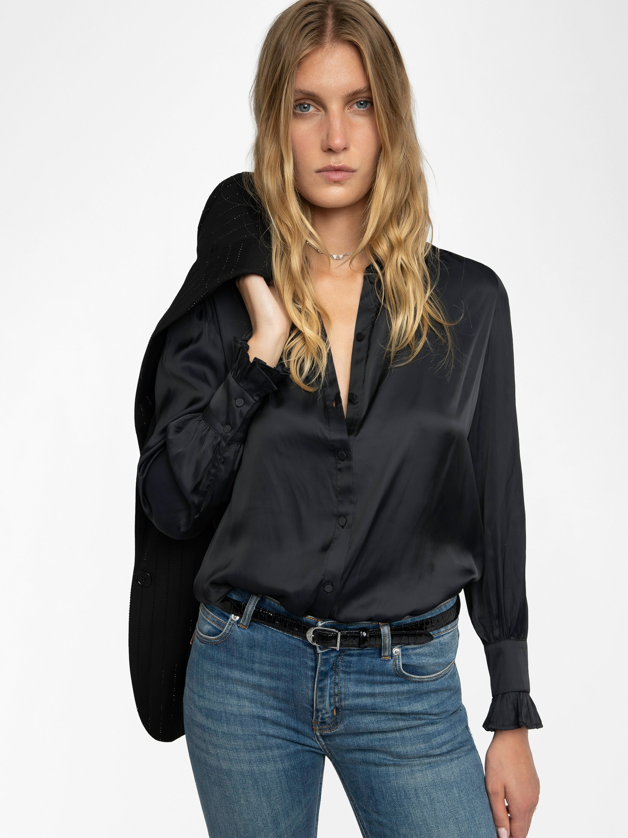 Thely Satin Shirt - Satin shirt with long sleeves, button fastening, and a wing-shaped rhinestone detail on the back.