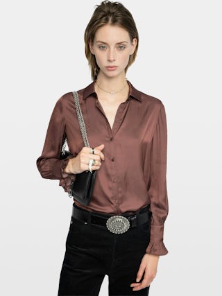 Thely Satin Shirt - Satin shirt, long sleeves, button fastening and rhinestone wing on the back.
