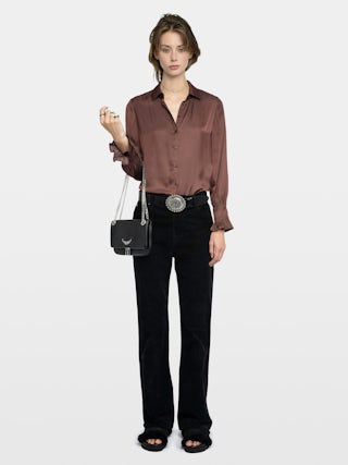 Thely Satin Shirt - Satin shirt, long sleeves, button fastening and rhinestone wing on the back.