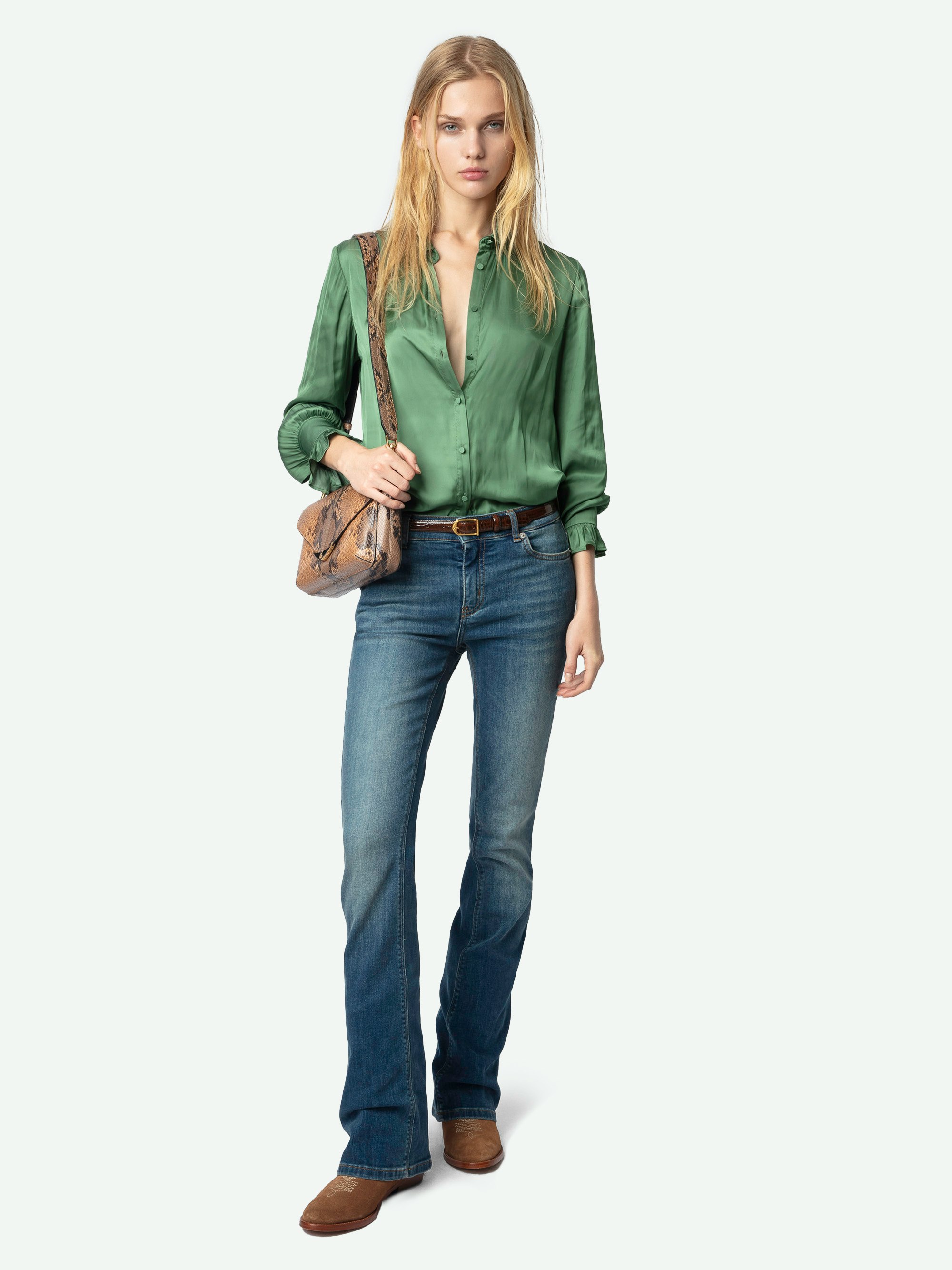 Thely Satin Shirt - Green Japanese satin shirt with long sleeves, gathered cuffs, and fishnet wings embroidery on the back.