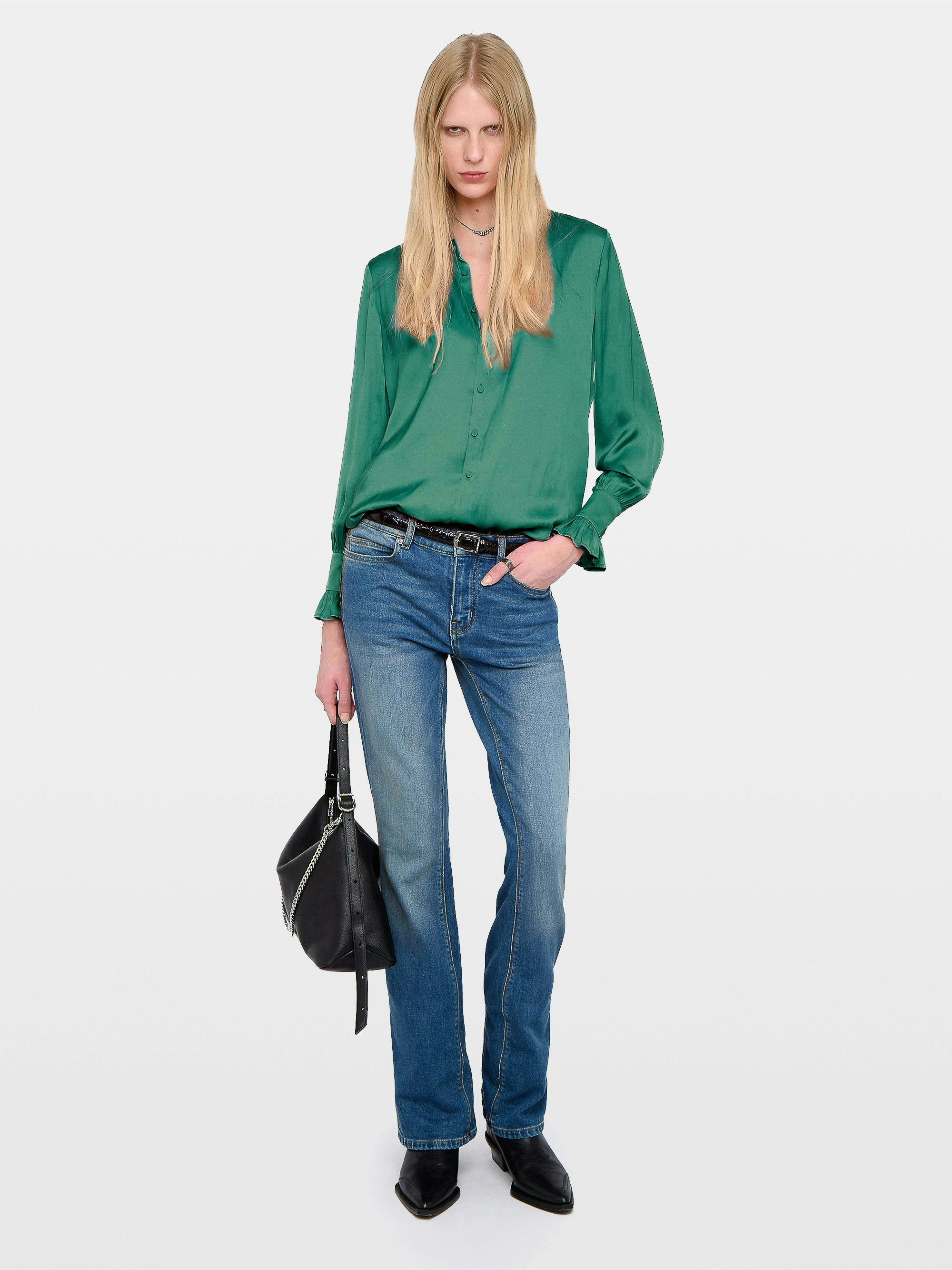 Thely Satin Shirt - Satin shirt with long sleeves, button fastening, and a wing-shaped rhinestone detail on the back.